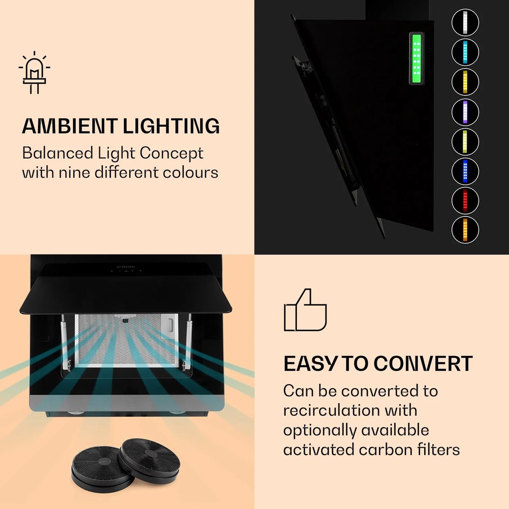 Klarstein Aurora Eco 60, páraelszívó, 60 cm, falra szerelhető, 550 m³/h, A+, érintéses vezérlés, fekete