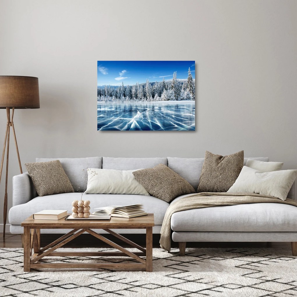 Kép a befagyott tóról és a havas fákról (üvegen) (70x50 cm)