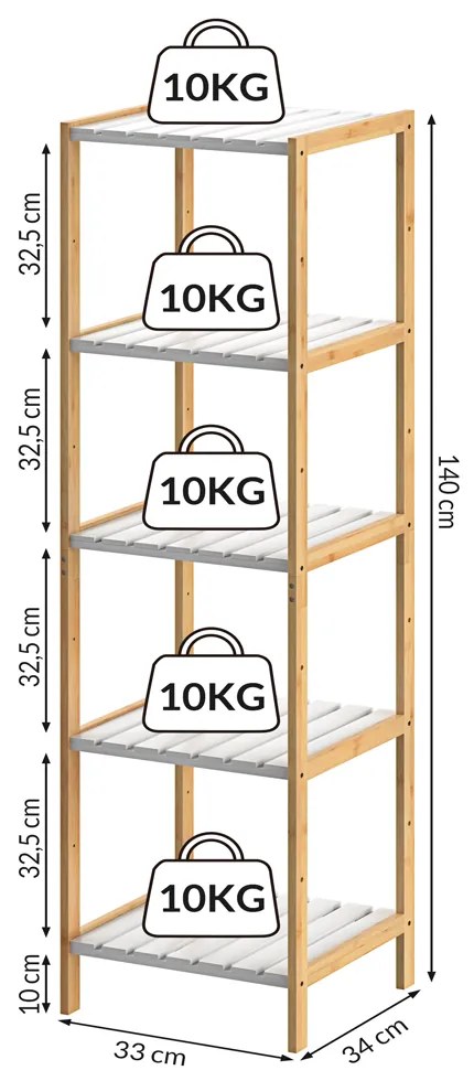 Casaria® Bambusz polc 140x33x33 cm - fehér