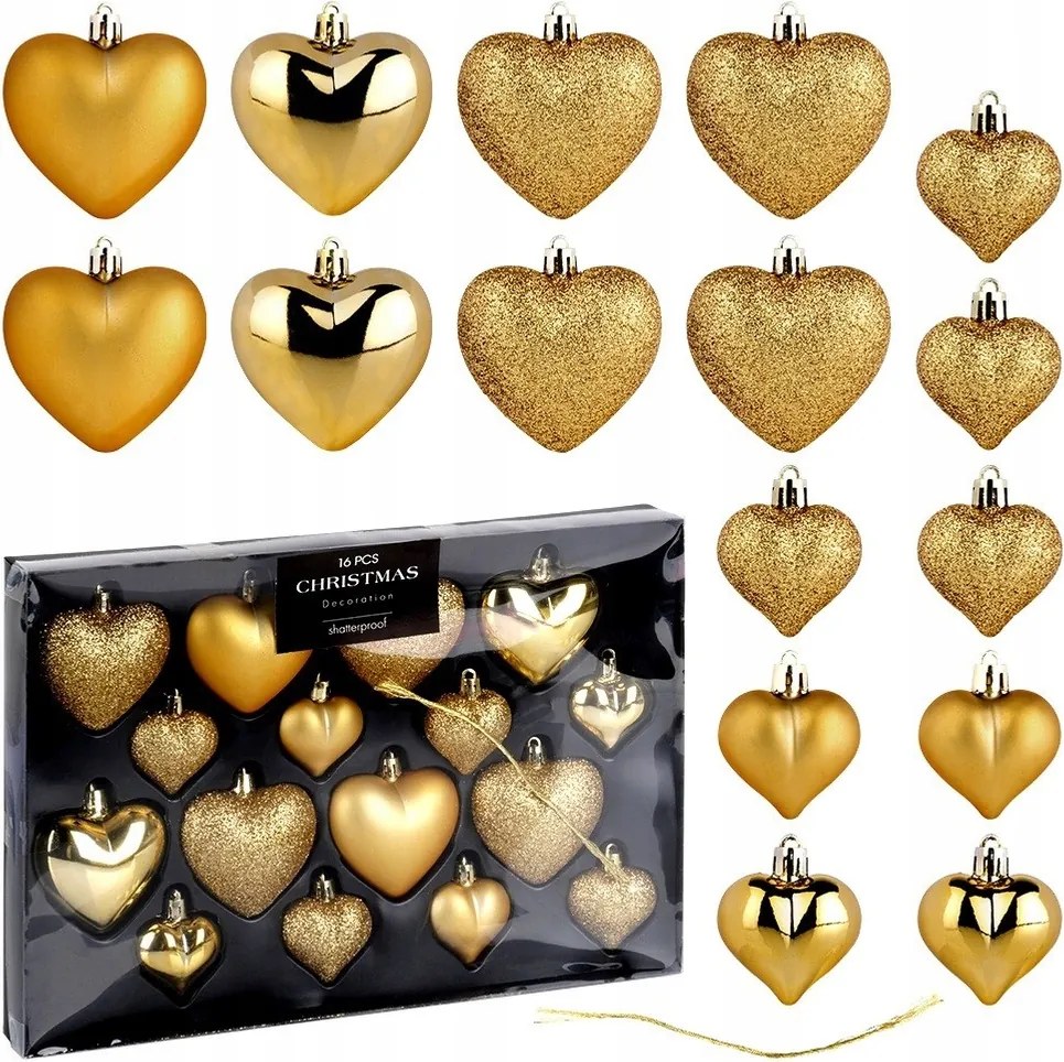 16 db Törésbiztos karácsonyfadísz, Arany színű karácsonyfagömb szett