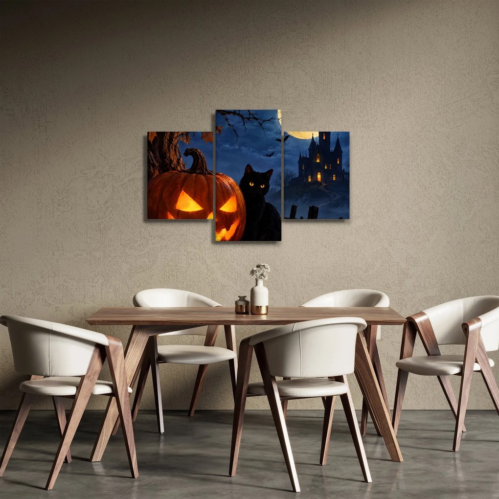 Kép - Fekete macska egy világító halloweeni tök mellett (90x60 cm)