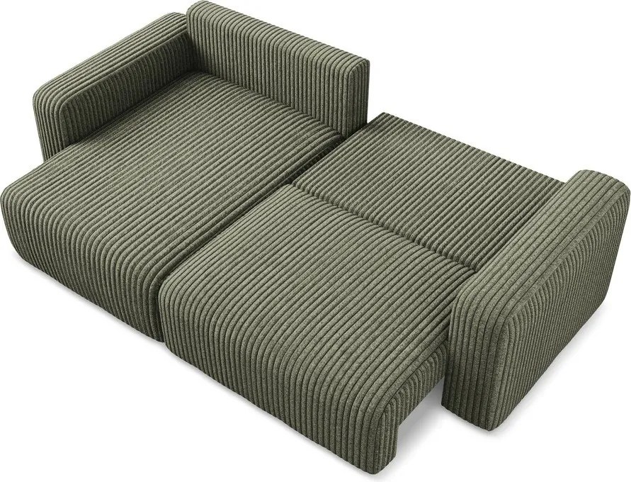 Zöld kordbársony kinyitható-tárolóhelyes sarokkanapé (bal oldali-heverő résszel) Kona – Makamii