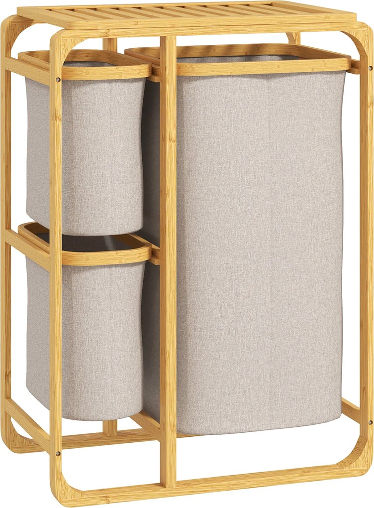 HOMCOM Helytakarékos Mosoda Kosár, Elegáns Kosár 3 Kivehető Textil Táskával és Polccal, Bambusz, 50x32x69.7 cm, Bambusz és Krém Szín | Aosom