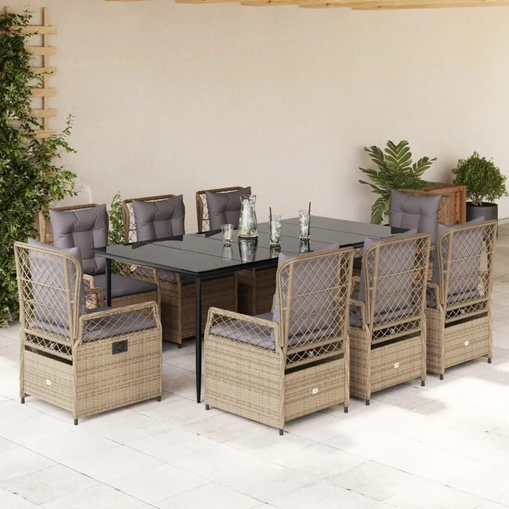 9 részes bézs polyrattan kerti étkezőgarnitúra párnákkal