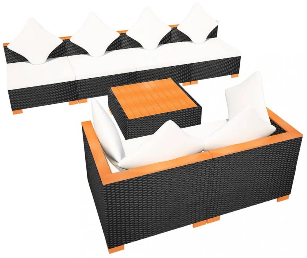 7-részes fekete polyrattan kerti bútorszett párnákkal
