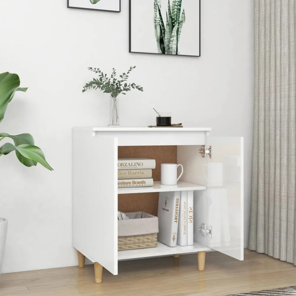 magasfényű fehér tálalószekrény tömör falábakkal 60x35x70 cm