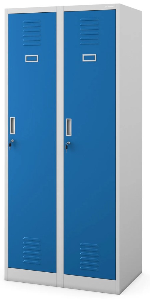 Pléh öltözőszekrény talpazaton, kétmodulos, polccal és köztes fallal KACPER, 800 x 1800 x 500 mm, szürke-kék