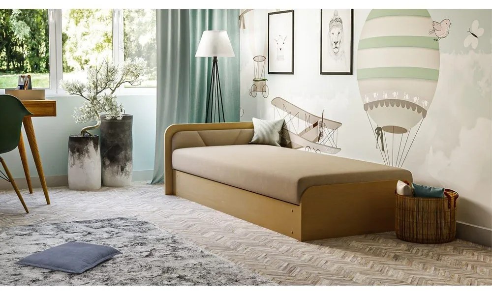 Okkersárga-bézs kárpitozott-forgácslemez ágyneműtartós egyszemélyes ágy matraccal 80x190 cm Parys – ELTAP
