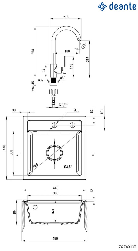 Deante Zorba, gránit mosogató 440x440x184 mm B / O, 3,5 "+ helytakarékos szifon, 1 kamrás + Nemezja csaptelep, grafit, ZQZA2103