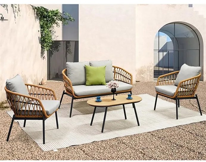 Kerti Ülőgarnitúra, Fém + Polyrattan, Barna. NAT