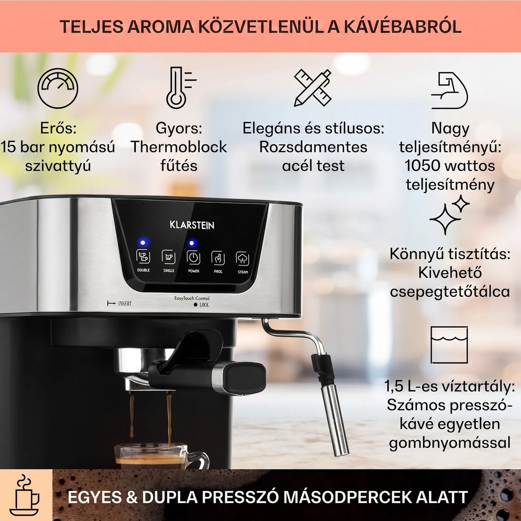 Klarstein Arabica, eszpresszó kávéfőző, 1050 W, 15 bar, 1,5 l, érintős vezérlőpanel, rozsdamentes acél