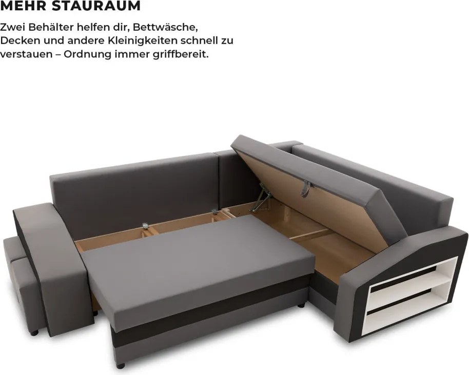 Grande sarokkanapé polcokkal és puffokkal , polc a jobb karfaban puffok a bal karfaban, jobboldali, szövet anyag, bonell töltet, szürke - fekete