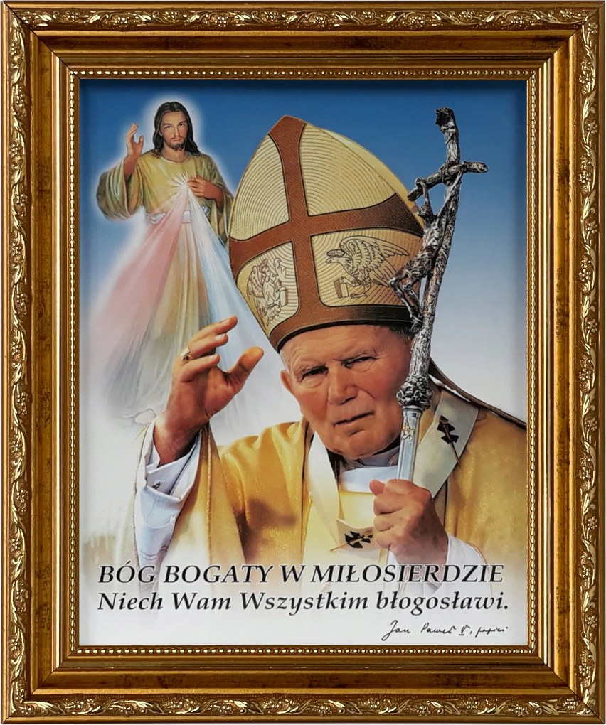 Vászonkép 31x26 Szent II. János Pál Pápa Jézus Bízom Benned Arany Díszített Keret