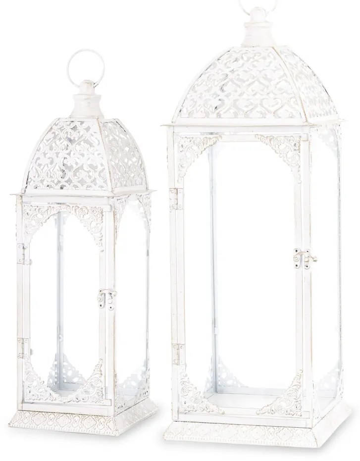 Vintage fehér szögletes 2db-os áttört fém lámpás lantern szett fogantyúval 50x17x17 / 62x22x22cm