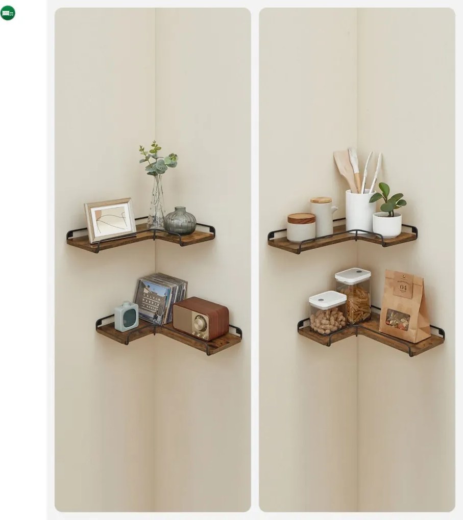 2 darabos sarok fali polc, rusztikus barna 40x29x4cm