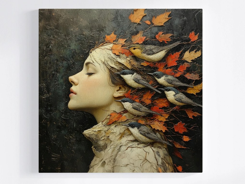 Vászonkép Canvas Portré Profil Nő Levelek Madarak Ősz 80x80