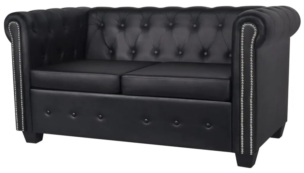 2 személyes fekete műbőr Chesterfield kanapé