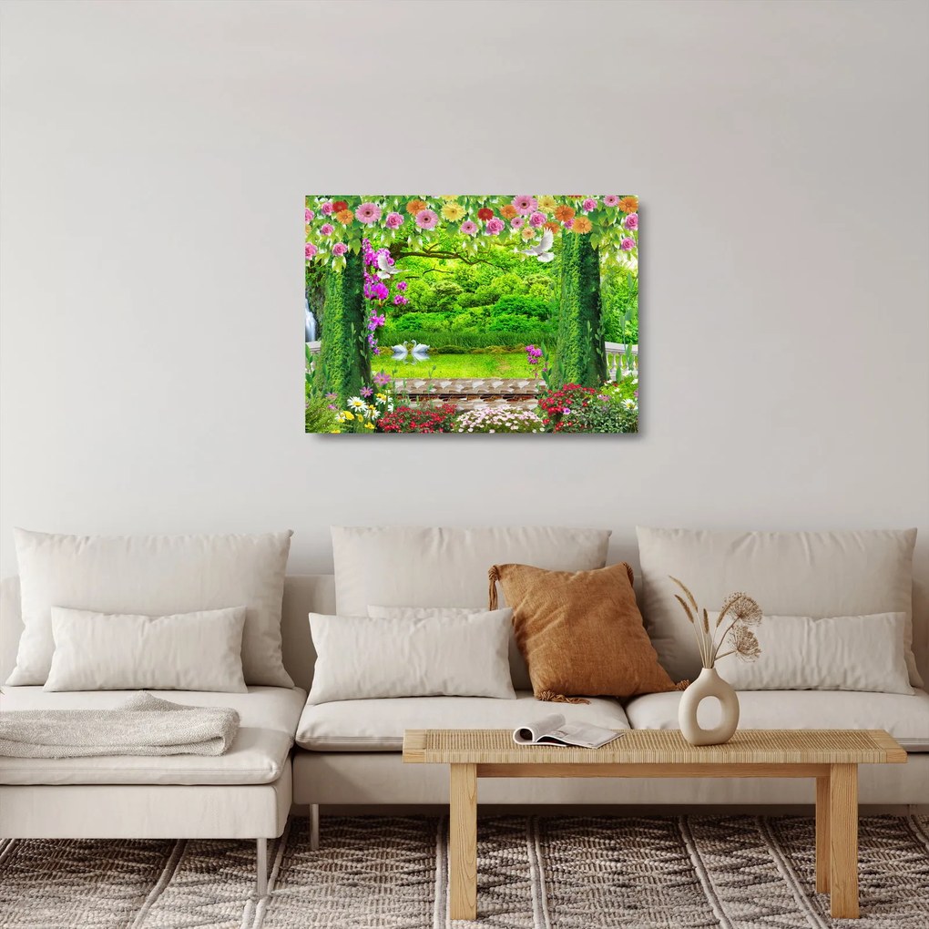 Kép - Varázslatos kert hattyúkkal (üvegen) (70x50 cm)