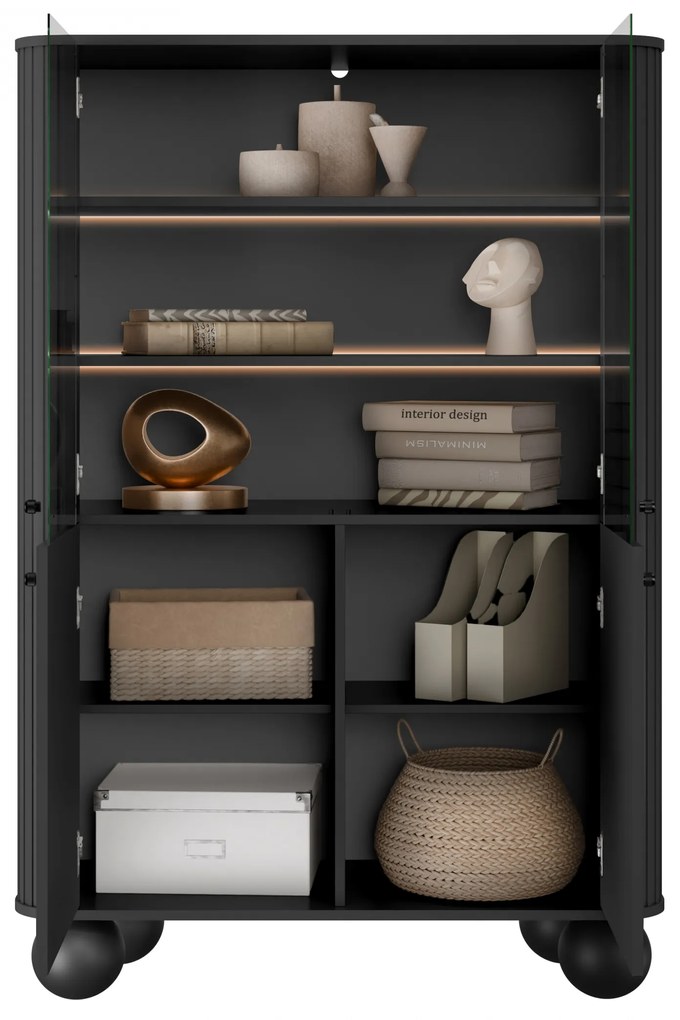 Vesper négyajtós vitrines szekrény 103 cm - fekete / fekete fogantyúk / gömb lábak