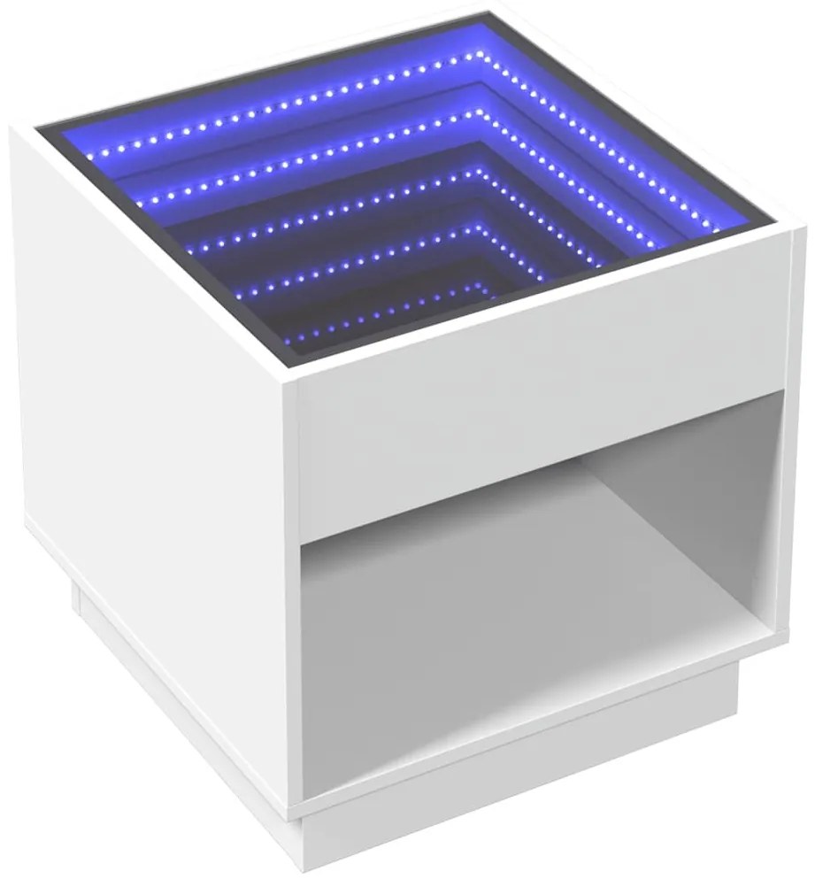 Fehér végtelen hatású LED-es dohányzóasztal 50 x 50 x 50 cm