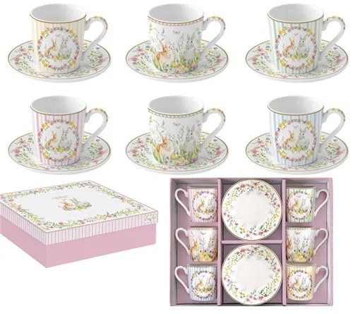 Porcelán eszpresszócsésze+alj 6 személyes, 100ml, dobozban, Coffee Mania, Happy Easter