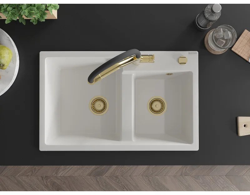 Mexen Tomas, 2 kamrás gránit mosogató 800x500x190 mm és konyhai csaptelep Duo, fehér, 6516-20-671701-57-G
