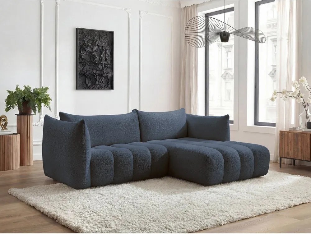 Sötétkék buklé sarokkanapé (jobb oldali-heverő résszel) Azra – Bobochic Paris