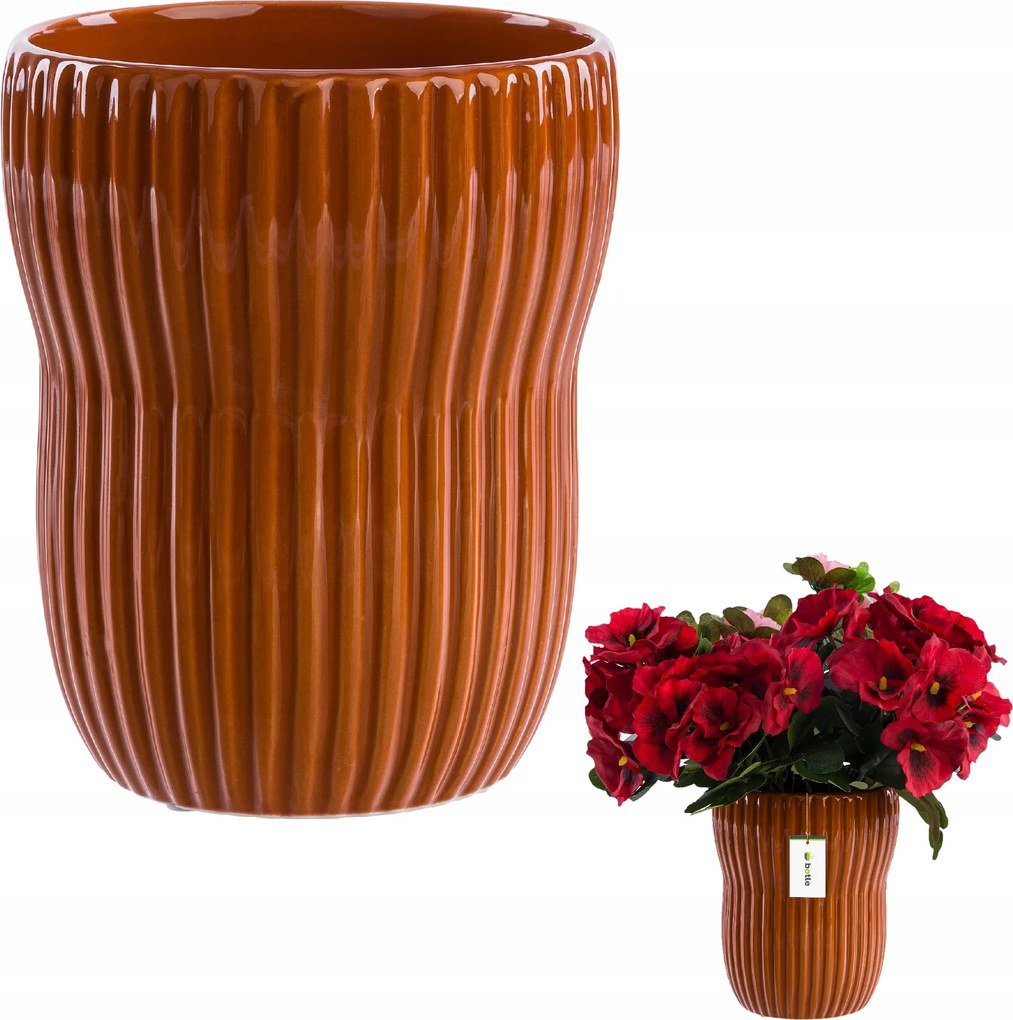 Fedő, kaspó, barázdált kerámia váza Ø13 cm H 16cm narancssárga