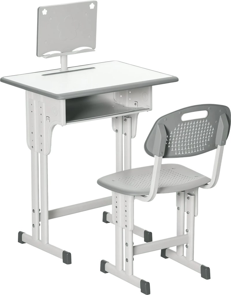 HOMCOM Gyerek Íróasztal és Szék Készlet 6-12 Éves Gyermekeknek, Állítható Magasságú Asztal 1 Fiókkal, 1 Ceruzatartóval és 1 Könyvespolccal, Acél, 60x4