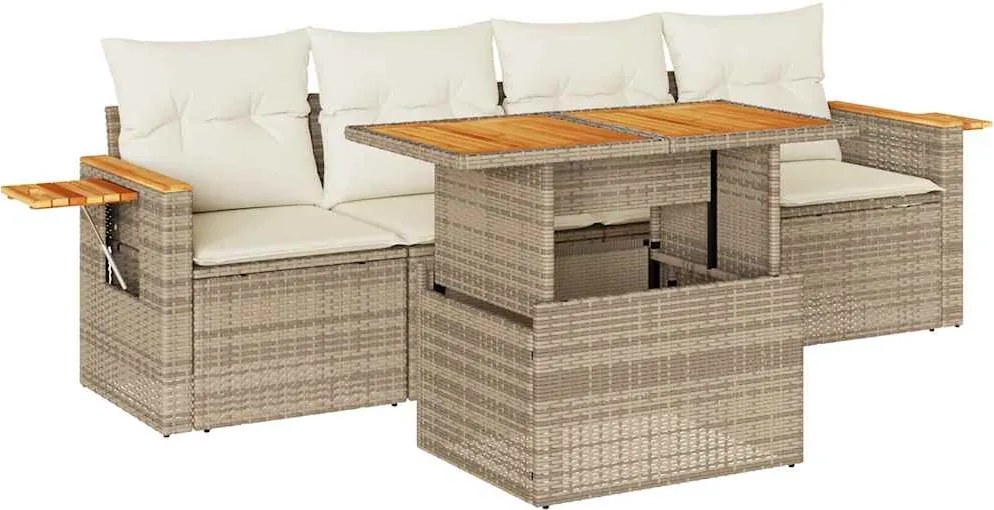 vidaXL 5 részes bézs polyrattan és akácfa kerti ülőgarnitúra párnákkal