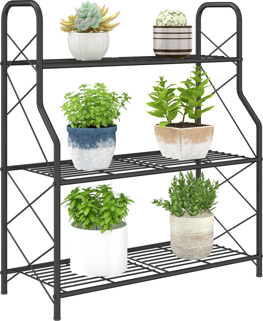 Outsunny 3 polcos fém növényállvány beltéri és kültéri használatra — állítható lábak és fogantyúk, stabil és tartós, cserepekhez, teraszra, kertbe, er