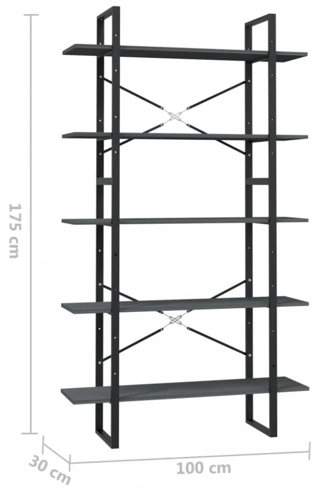 ötszintes szürke fenyőfa könyvszekrény 100 x 30 x 175 cm