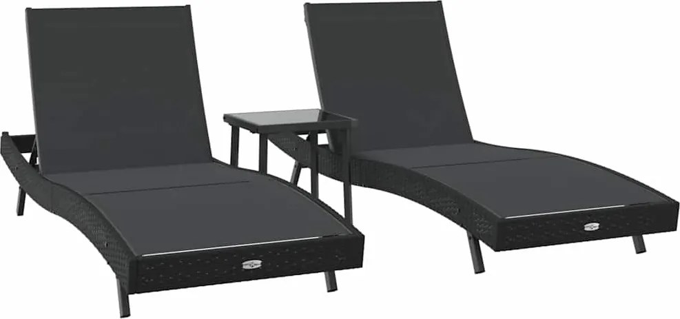 vidaXL Napozó 3 pcs Fekete 197 x 70 x 82 cm polirattan