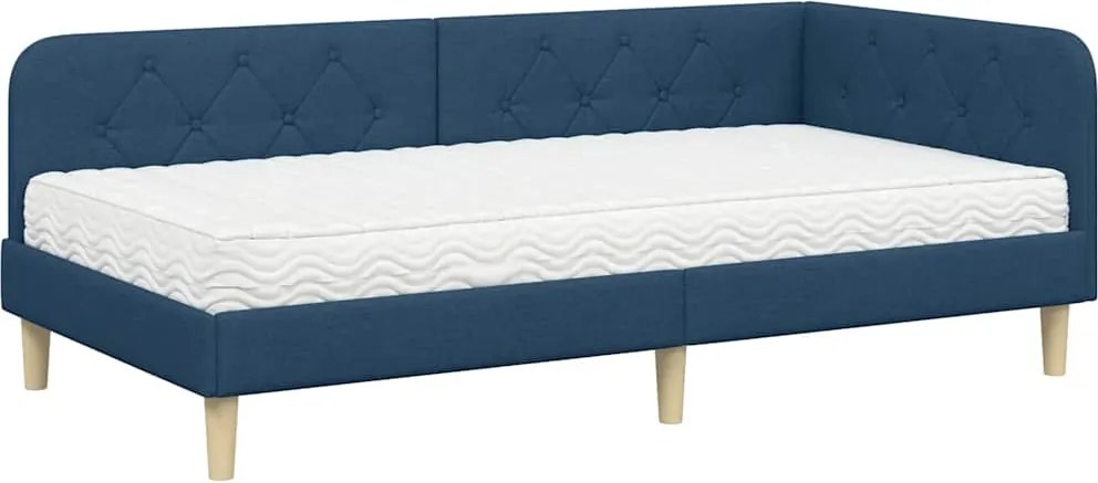 vidaXL Sarokágy keret matracmal fejtámlával Kék 90 x 190 cm szövet