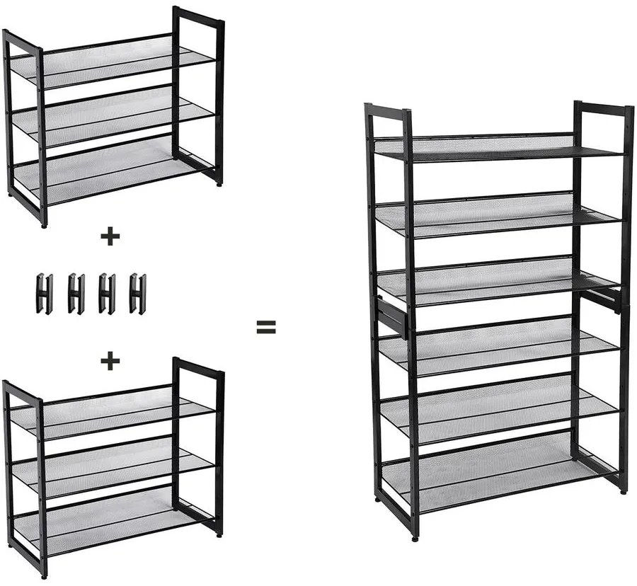 3 Szintes fém hálós cipőtartó, egymásra rakható tároló állvány, fekete