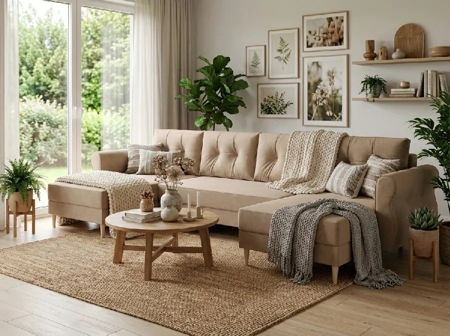 Kinyitható U alakú kanapé SILVIANO 300x140 cm, bézs + 2 díszpárna INGYEN