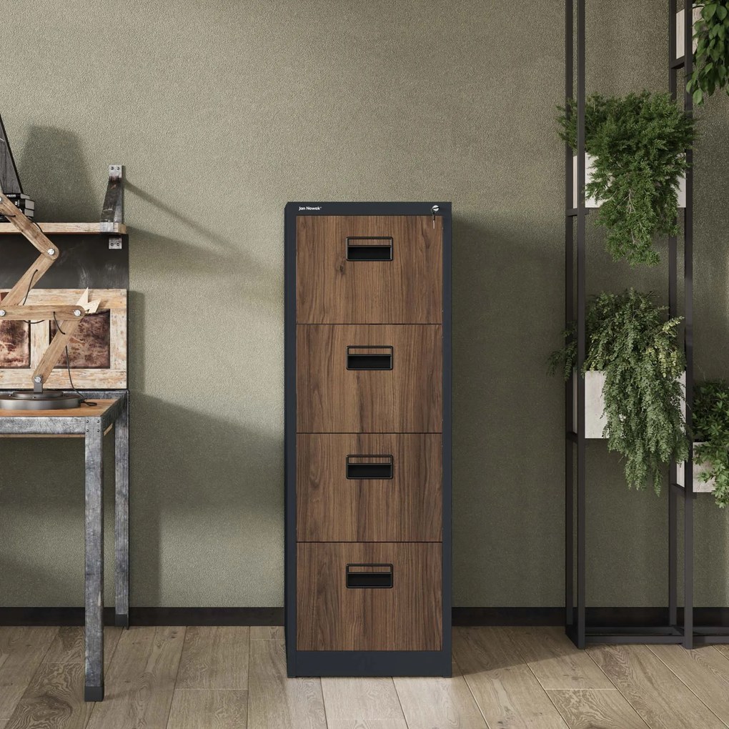 Fém irattartó szekrény, 4 fiókos SARA V4, 460 x 1320 x 620 mm, Eco Design: antracit/ dió