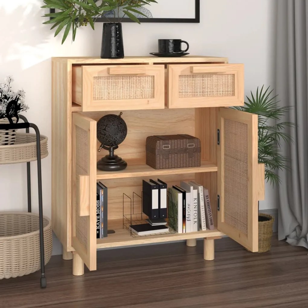 barna tömör fenyő/természetes rattan tálalószekrény 60x30x75cm