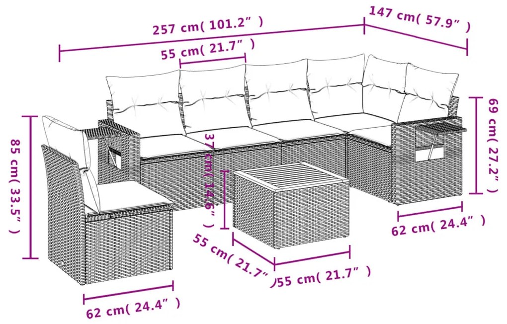 7 részes fekete polyrattan kerti ülőgarnitúra párnával