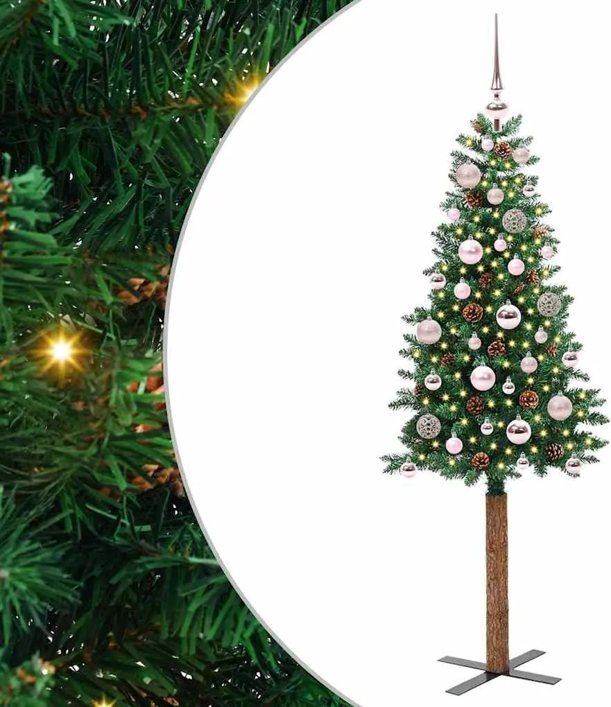 vidaXL Karcsú karácsonyfa 150 LED-del Zöld 150 cm PVC és tömör fenyőfa
