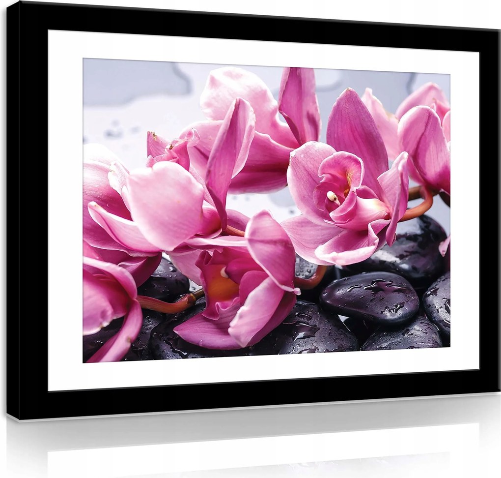 Vászonkép 100x75 Orchidea rózsaszín kövek cseppek spa pihenés természet virágok