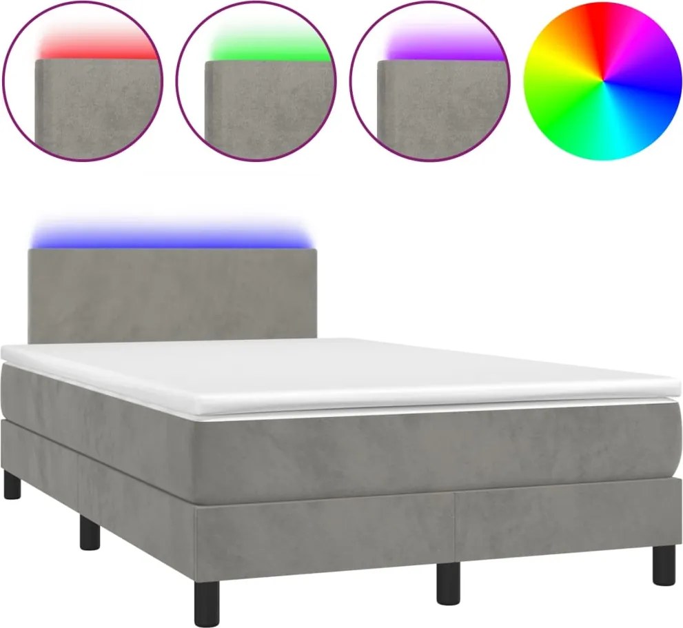 vidaXL világosszürke bársony rugós és LED-es ágy matraccal 120x200 cm