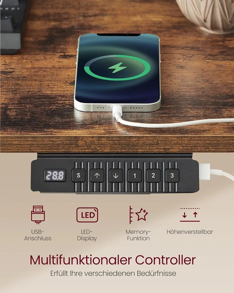 Magasságállítható elektromos íróasztal led világítással(7 szín), 60 x 120 cm, vintage barna/fekete