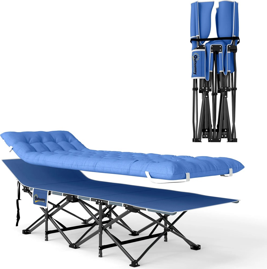 Outsunny Mazsolázó Kempőágy Matrac, Párna, Oldalsó Zseb – 190 x 65 x 37 cm – Felnőtt Vendégágy Maximum 150 kg Terhelhetőséggel - Összecsukható Ágy Kül