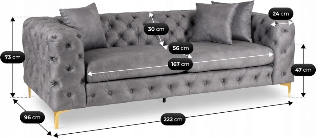 Sofa SORRENTO 3S Trzyosobowa Szara Welurowa