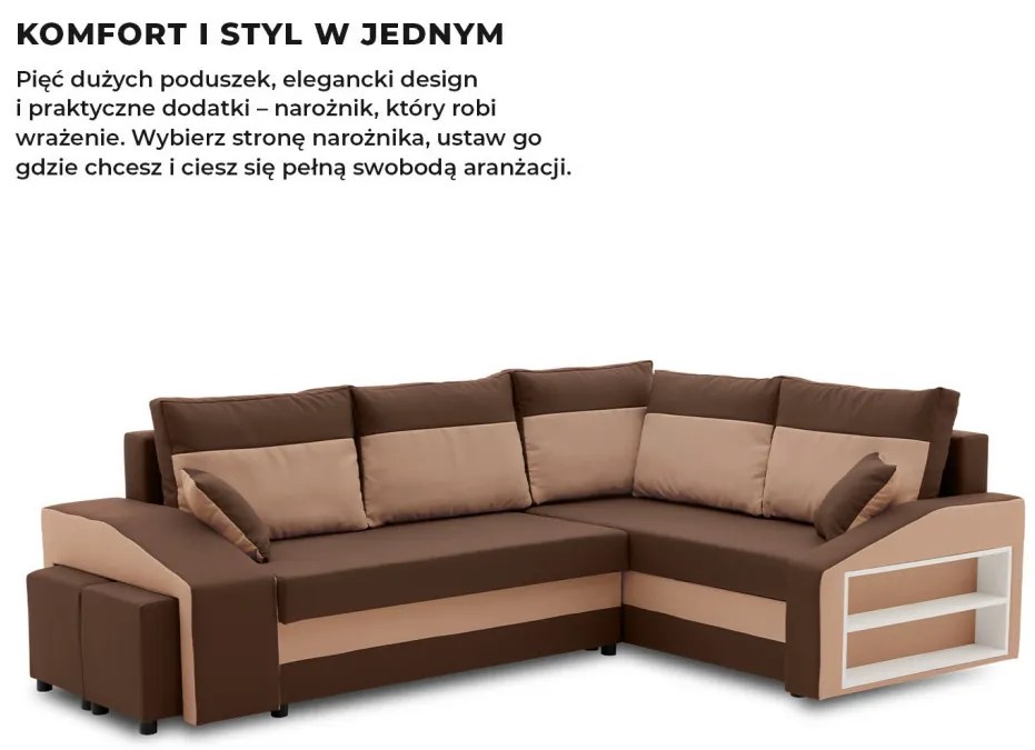Grande sarokkanapé polcokkal és puffokkal , polc a jobb karfaban puffok a bal karfaban, jobboldali, szövet anyag, bonell töltet, barna