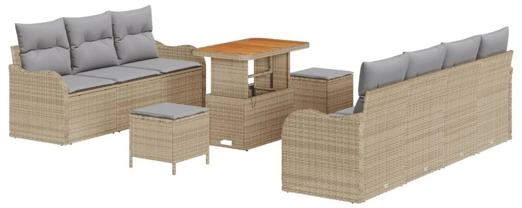 10 darabos kerti kanapé párnákkal Bézs Poly Rattan Akáciából, 2 személyes kerti kanapé tárolóval és párnákkal Bézs Poly Rattan, 3 darabos kerti étkezőszett párnákkal Bézs Poly Rattan Akáciából