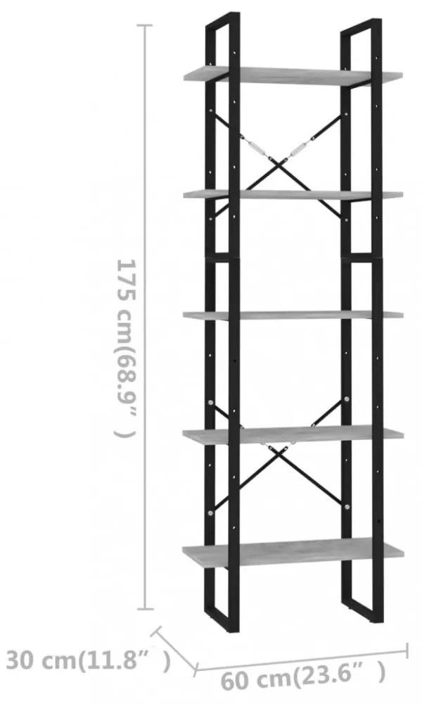 5 szintes betonszürke szerelt fa könyvszekrény 60 x 30 x 175 cm
