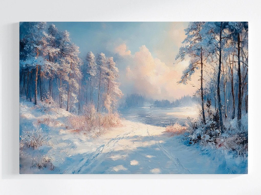 Vászonkép Canvas Tájkép Erdő Tó Út Tél Hó Fagy 120x80