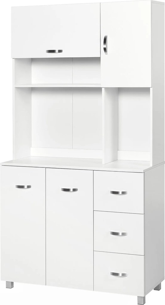 HOMCOM Modern Konyhai Kamra Konyhaszekrény 3 Fiókkal, 4 Ajtóval és Állítható Polcokkal - Segédbútor Étkezőhöz és Nappaliba 100x39.5x183.5 cm Fehér | A